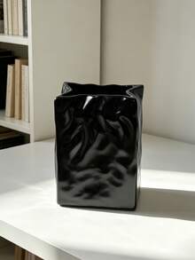 1Pc Glossy Black Wrinkled Texture Square Resin Vase - Nordic Modern Minimalist Luxury Flower Vase For Living Room, Entryway & Desktop | Home Decor, Room Decor, Vintage Decor, Boho Decor, Desk Decor, Unique Gift, Table Centerpiece, Housewarming Gift - New Model - View 9