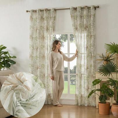 1 pieza Panel de cortina con estampado de hojas bordado transparente de estilo campestre americano, tela de voile decorativa para sala de estar y dormitorio, protección de privacidad con ojales en la parte superior