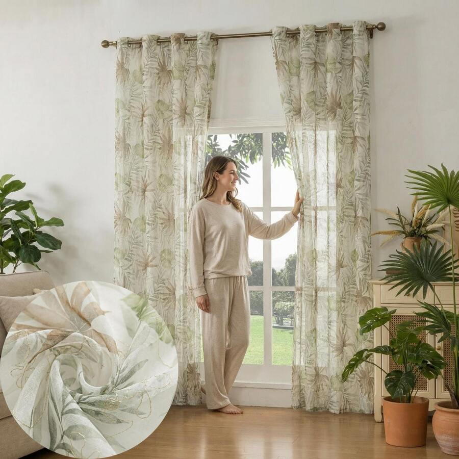 1 pieza Panel de cortina con estampado de hojas bordado transparente de estilo campestre americano, tela de voile decorativa para sala de estar y dormitorio, protección de privacidad con ojales en la parte superior - Verde Oliva - Ver 1