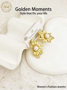 Boucles d'oreilles pour femmes en acier inoxydable 304 plaqué or avec perles, boucles d'oreilles vintage à fleurs/nœud/rondes/ovales exagérées, bijoux de mode de niche, cadeau, boucles d'oreilles texturées avec un aspect haut de gamme, hypoallergéniques et résistantes à la décoloration, convenant pour le travail, les sorties, les fêtes et autres occasions pour rehausser facilement votre tenue - Doré - Voir 4