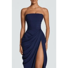 Asymmetrical Pleated High Split Dress - 深藍色 - 查看 2