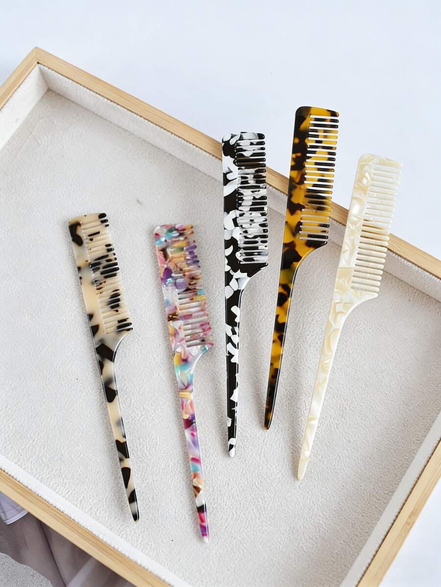 3件套女士尖尾梳，细齿编发分缝尖尾梳，大理石纹和高级豹纹醋酸纤维材质，防静电，不伤发，令秀发柔顺，美发造型工具，馈赠亲友的完美礼物 - 彩色 - 查看 1