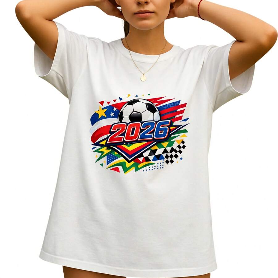 Camiseta de aficionado a la Copa del Mundo de Fútbol 2026, camiseta de fútbol de Estados Unidos, Canadá México, Copa del Mundo de Fútbol, Camisetas de talla grande, Tops Curve Plus, Camisetas Estampadas para Mujeres Plus, Monos para Mujer, Conjuntos de Vacaciones para Mujer, Tops de verano, Ropa de verano. - Blanco - Ver 1