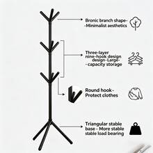 1pcs Metal Floor-Standing Tree-Shaped Coat Rack, Multi-Hook Easy To Move Coat Rack, Suitable For Clothes Bag Storage Rack Used In Living Room, Balcony, Bedroom, Cloakroom And Other Occasions, Saving Space. - Black - View 5