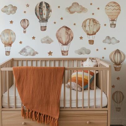 Hình dán tường khinh khí cầu phong cách Boho vẽ màu nước, hình dán tường mây sao trung tính, tranh dán tường có thể tháo rời dễ dàng cho phòng trẻ em, phòng ngủ em bé, phòng khách, trang trí nhà cửa.
