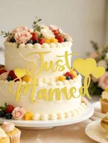 3件組金色壓克力「Just Married」蛋糕裝飾插牌，適合婚禮、新娘派對、訂婚和週年紀念，適用於甜點與烘焙，新娘派對必備亮眼裝飾 - A - 查看 2