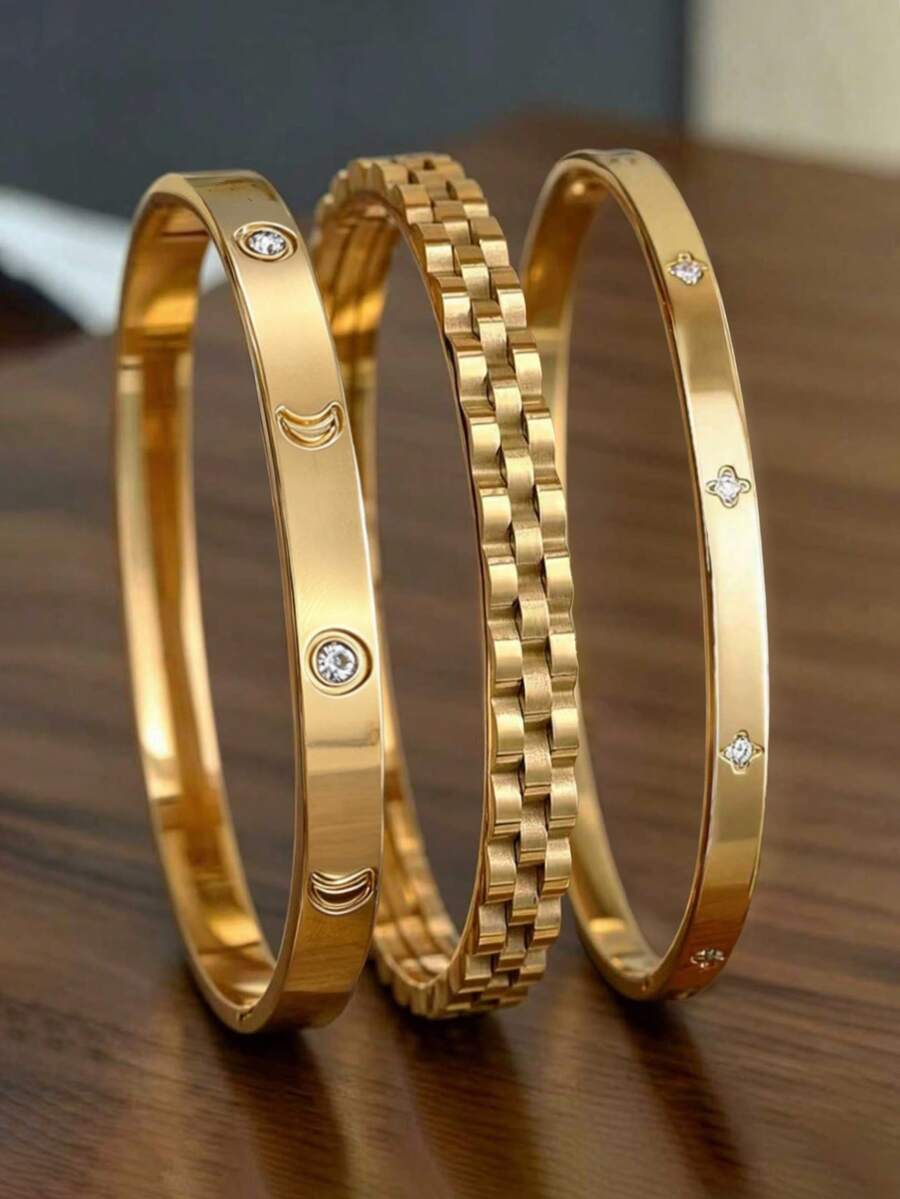3件套高品质18K镀金不锈钢手链。花卉饰品手链，包含链条、齿轮、波浪和贝壳，四叶草多功能时尚设计，适合女性夏季佩戴。不易褪色，适合日常佩戴、派对、节日、生日、婚礼、情人节、度假等场合，也是送给妈妈的绝佳母亲节礼物。