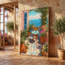 1-Piece Mediterranean-Style Terrace Landscape Painting, Coastal-Style Home Decor, Blue Shutters, Garden Terrace Canvas Painting. - A - View 10