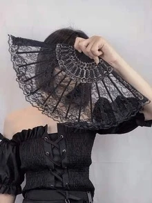 1pc Oriental Black Lace Folding Hand Fan With Tassels, Perfect Match For Hanfu And Cheongsam, Stage Performance, Photo Decoration, Hand Fan, Wedding Decoration, Adult Party Gift, Folding Fan, Witchcraft Supplies - Multicolor - View 3