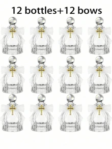 Bộ 12 chai nước thánh Công giáo, 50ml, chai thủy tinh trong suốt có biểu tượng thánh giá, nơ ren, túi vải organza, thích hợp cho lễ Rước lễ, lễ Rửa tội, lễ cưới và các dịp khác (Màu trắng) - Nhiều màu - Xem 13