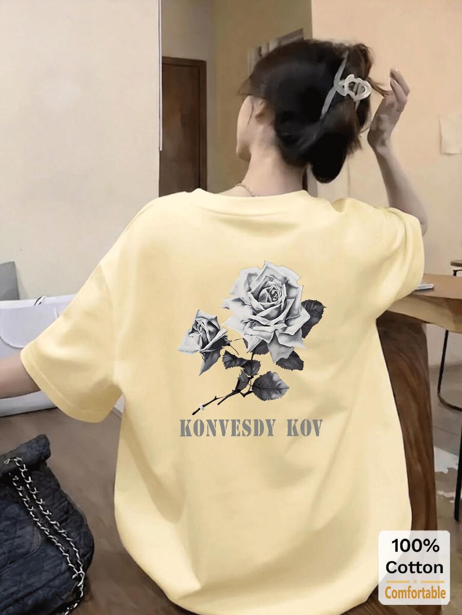 Kaos Lengan Pendek Motif Mawar, Atasan Kasual Modis untuk Wanita di Musim Panas - Aprikot - View 1