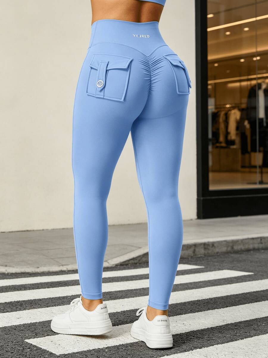 YEOREO Workout Leggings With Pockets For Women V Cross Waist Scrunch Charm Leggings No Front Seam Gym Yoga Pants Summer Leggings For Women - 藍色 - 查看 1