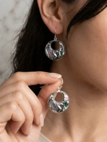 一对波西米亚风炫彩树脂圆形耳环 复古仿鲍鱼贝壳圆形水滴耳环 夏季沙滩饰品 - 彩色 - 查看 5