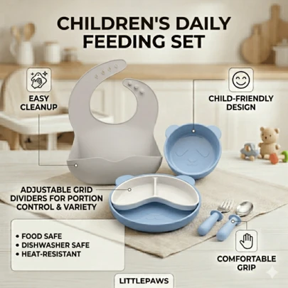 TONSSIDA Baby Feeding Utensil Set: A 6-Piece Silicone Feeding Kit-Specially Designed For Toddlers. Includes A Suction Plate, Bowl, Adjustable Bib, Fork & Spoon, And Divided Tray-Essential For Self-Feeding And An Ideal Baby Gift.((Blue)