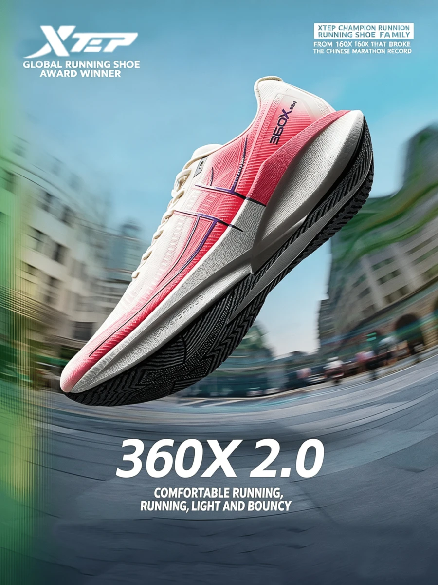 XTEP 360X2.0 Marathon Carbon Plate Running Shoes For Men, Summer Sports Sneakers, Shock Absorption, Sail White/Fluorescent Camellia Red - Sail White/Fluorescent Camellia Red - View 1