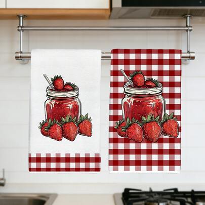 2 piezas Toallas de cocina minimalistas con patrón de mermelada de fresa, material de poliéster suave, paños de cocina, adecuados para decoración de cocina, limpieza de cocina, decoración de fiesta festiva, artículos esenciales de cocina y baño, decoración del hogar, regalo de inauguración de la casa