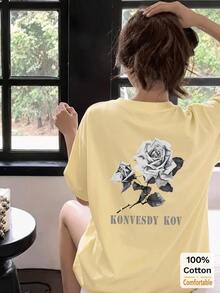 Kaos Lengan Pendek Motif Mawar, Atasan Kasual Modis untuk Wanita di Musim Panas - Aprikot - View 2