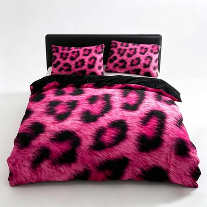 2/3pcs Set 3D Printed Pink & Black Leopard Print Duvet Cover Set, Soft Pink Base, Gradient Black Spots Pattern, Modern Sweet & Steady Comfortable Bedding Set (1pc Pillowcase, Size 135x200cm)