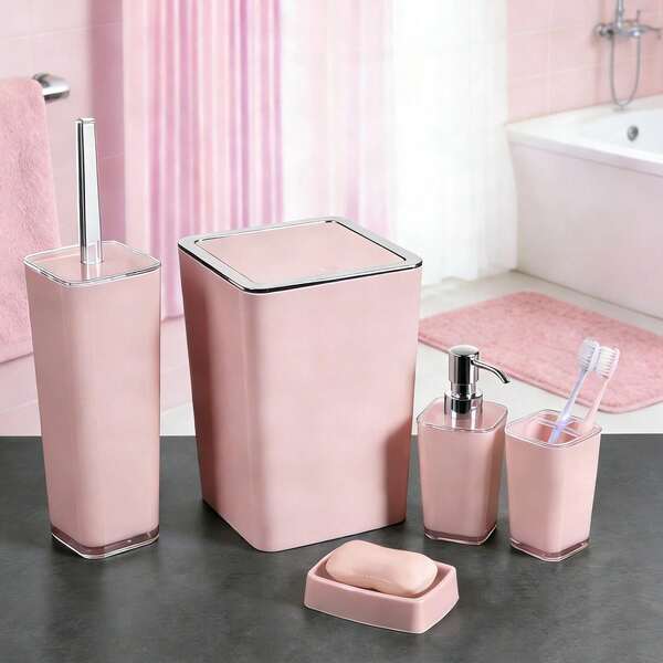 5-delige premium badkamerset, roze INS-stijl vijfdelige badkamerset, badkameraccessoireset, badkamerbenodigdheden, inclusief zeepdispenser, tandenborstelhouder, zeepbakje, toiletborstel en prullenbak. Badkamerset voor op het aanrecht, essentiële badkamerartikelen, badkamerdecoratie. Geschikt als housewarmingcadeau, vakantiecadeau voor het gezin, huwelijksgeschenk, festivalcadeau, Moederdagcadeau of verjaardagscadeau.