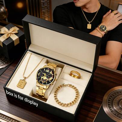Conjunto de 4 piezas para hombre de estilo hip hop con reloj dorado/plateado - Reloj multifuncional + Pulsera tipo cadena cubana + Colgante con letras A/C/D/I/M + Anillo, Conjunto de joyería