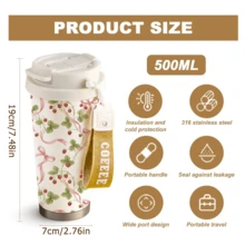 mikenda 1 bình nước giữ nhiệt bằng thép không gỉ 18oz in hình nơ dâu tây, có nắp và dây đeo, chống rò rỉ, kiểu dáng dễ thương, giữ nóng/lạnh trong 24/12 giờ, quà tặng mùa hè. - Màu be - Xem 4