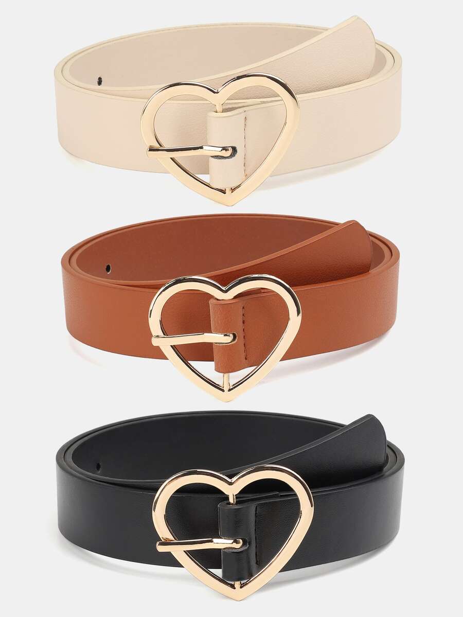 1pc Solid Color Casual PU (Polyurethane) Decorative Belt For Women, Heart-Shaped Buckle, Suitable For Daily Wear - A - View 1
