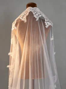 1pc Lace Trim Bridal Veil, Suitable For Church Wedding, Wedding Photography Props, No Comb Wedding Accessory,Summer,Beach - Multicolor - - View 3