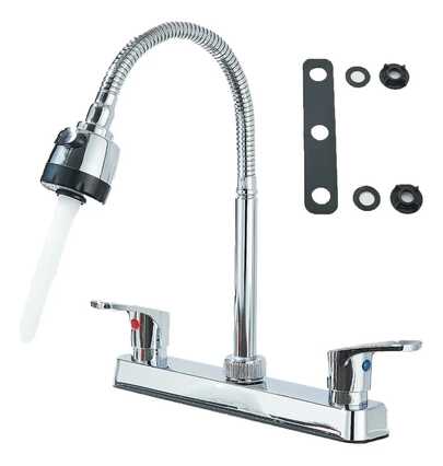 Grifo de cocina con rociador, grifo de cocina de dos manijas con tubo flexible en forma de cuello de cisne, grifo cromado de dos funciones para fregadero de cocina (cuerpo de latón, fácil instalación)