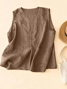 Áo vest vải lanh nghệ thuật, áo không tay một hàng cúc kiểu dáng tối giản, áo crop top cho nữ, chân váy vải lanh mùa hè cho nữ, phong cách cổ điển, chân váy boho thường ngày. - Màu Khaki - Xem 3