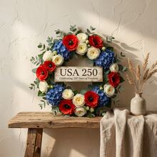 1个,17.72英寸美国250周年纪念爱国花环 - 红白蓝三色花环,带木质标牌,适用于前门、墙壁、门廊装饰 - 庆祝250年自由 - 彩色 - 查看 6