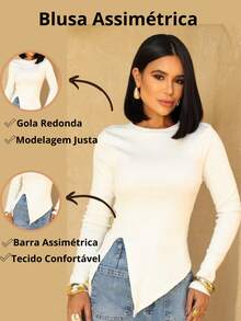 Asymmetrical Ribana Long Sleeve Blouse - Blanco - Ver 3