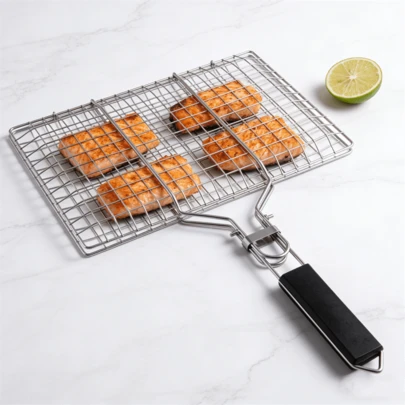 1/2pcs Stainless Steel Barbecue Grill Basket With Detachable Handle, Outdoor Grill Rack For Vegetables, Shrimp, Fish, Steak, Dishwasher