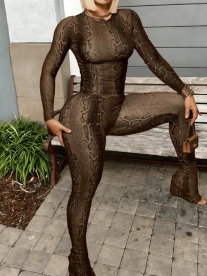 Bộ đồ hai mảnh in hình động vật mùa hè dành cho nữ: áo dài tay và quần legging, thích hợp cho đi club.