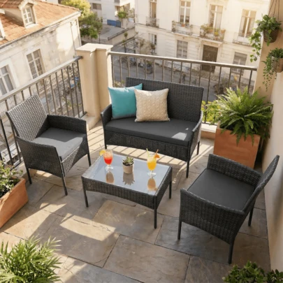 5PCS/4PCS Garden Corner Sofa Rattan Furniture Set 4 Seater Patio Outdoor Lounge Settee With Glass Coffee Table All-Weather (Mix Grey Rattan+Grey Cushion)