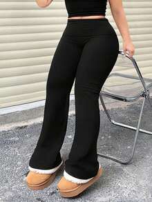 2pcs/Set Large Size Women's Casual High Yoga Pants Set   Elastic Waist Gym Workout Flare Leggings - 黑色+黑色 - 查看 2