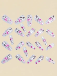 24 Peças Unhas Postiças com Estampa de Margarida Listrada Arco-Íris, Suprimentos de Manicure de Unhas Falsas, Unhas Longas, Unhas Estilo Y2K, Manicure Francesa, Unhas de Primavera - Transparente - Visão 3