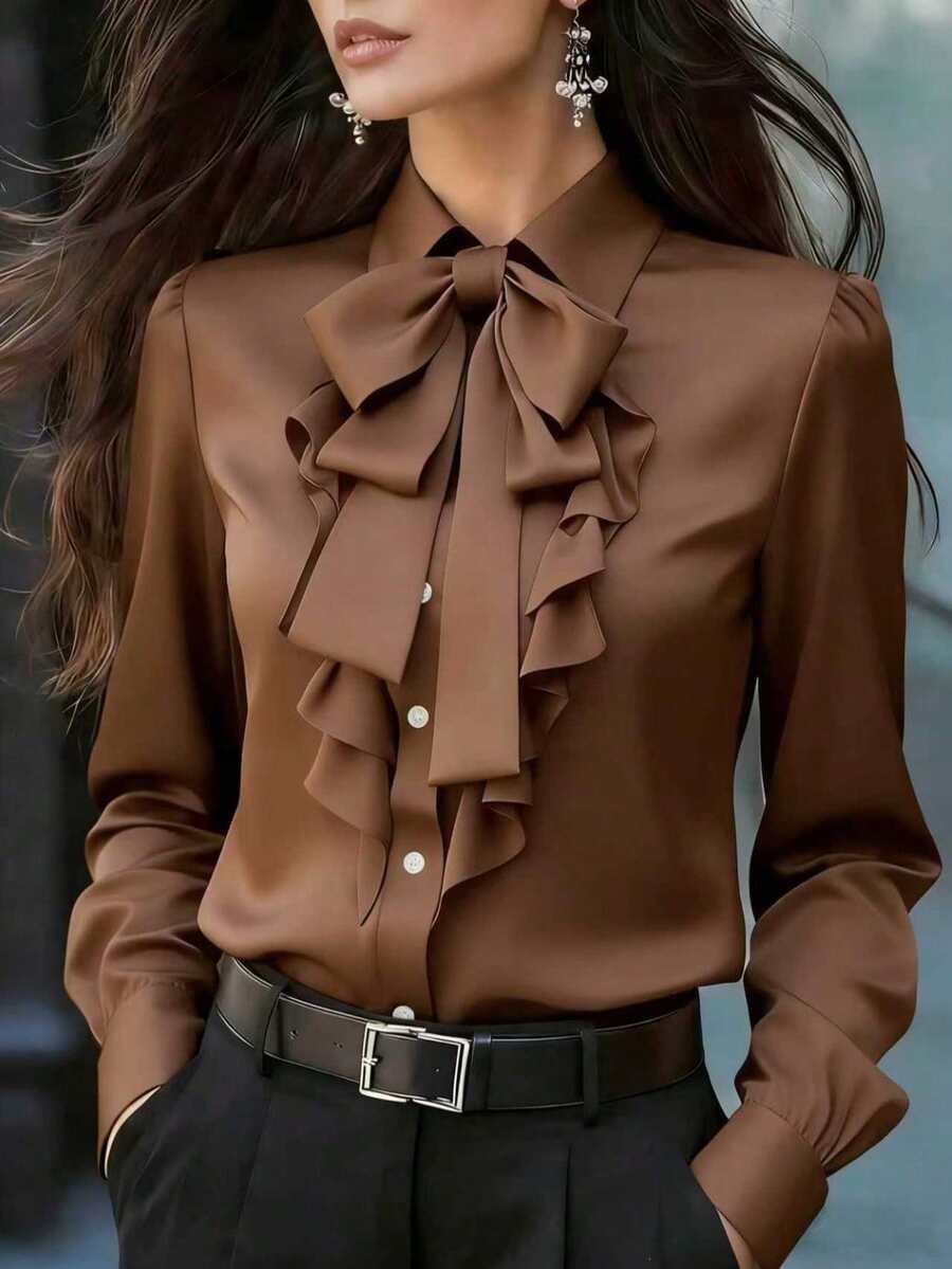 Blus Wanita Elegan untuk Perjalanan Sehari-hari, Warna Polos, Kerah Berkerut, Leher Berikat, Musim Semi