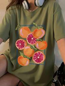 Summer New Casual Orange Print Round Neck Short Sleeve T-Shirt, Fashionable Versatile Women Top - Olive Green - View 3