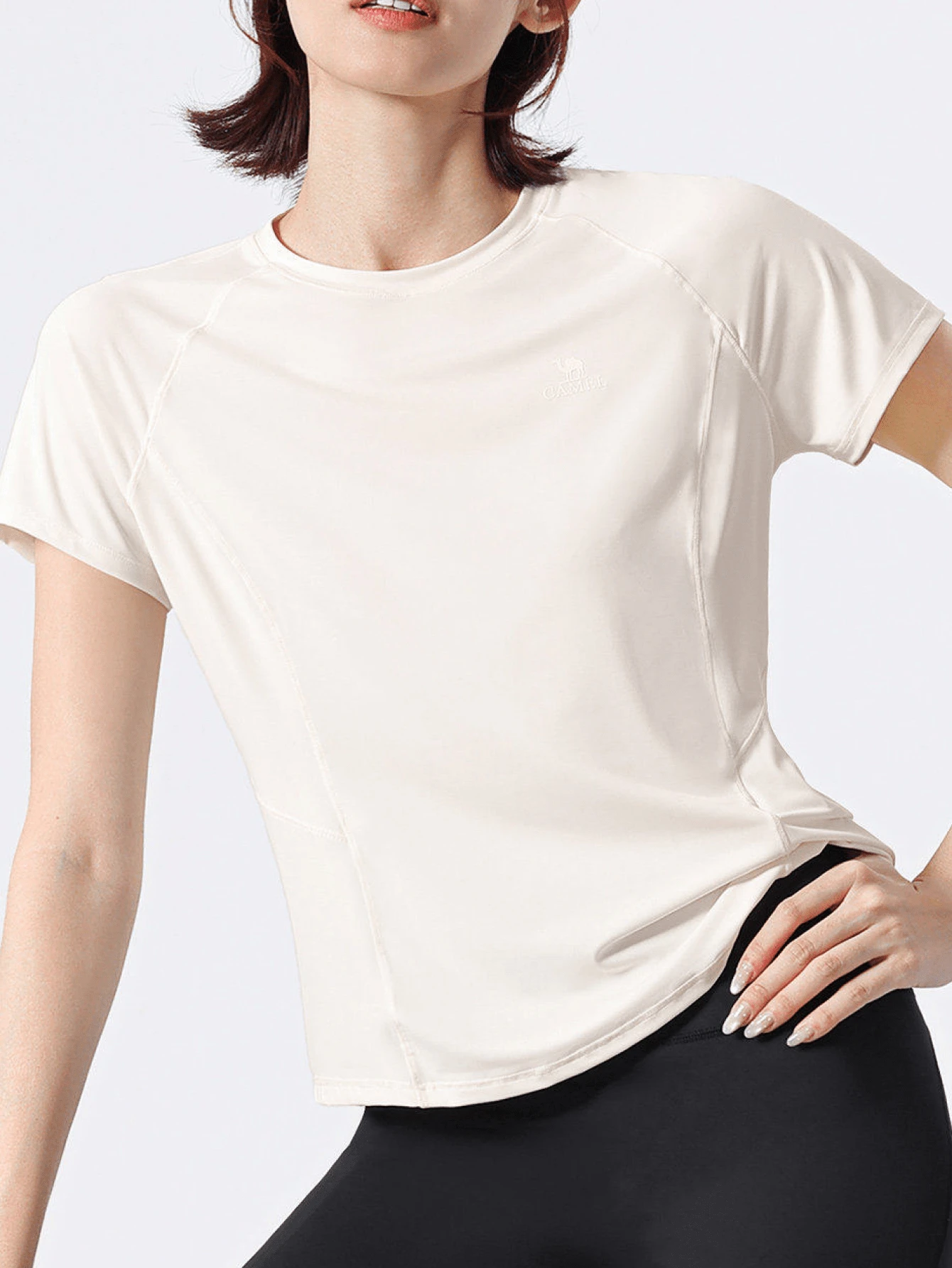 CAMEL CROWN Áo thun yoga ngoài trời dành cho nữ, áo tập thể dục thoáng khí nhanh khô, áo thể thao tay ngắn ôm sát màu trơn dành cho đạp xe và tập luyện. - Nghệ trắng - Xem 1