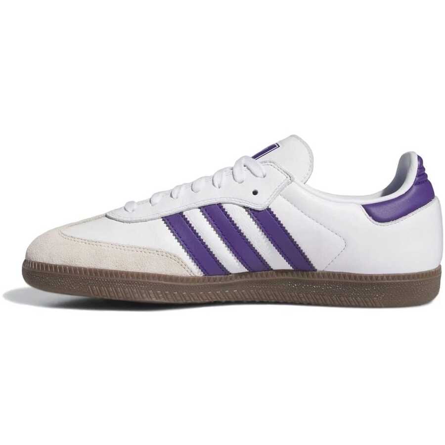 Adidas Giày nam Samba kiểu dáng thường ngày, nhẹ, êm ái, thoáng khí, đế dày, có logo, thân thiện với da, phối màu đa năng, phù hợp đi làm hàng ngày, tập gym, đi học, dạo phố, du lịch, nghỉ lễ. Màu trắng IE6613 - Màu tím và trắng - Xem 1