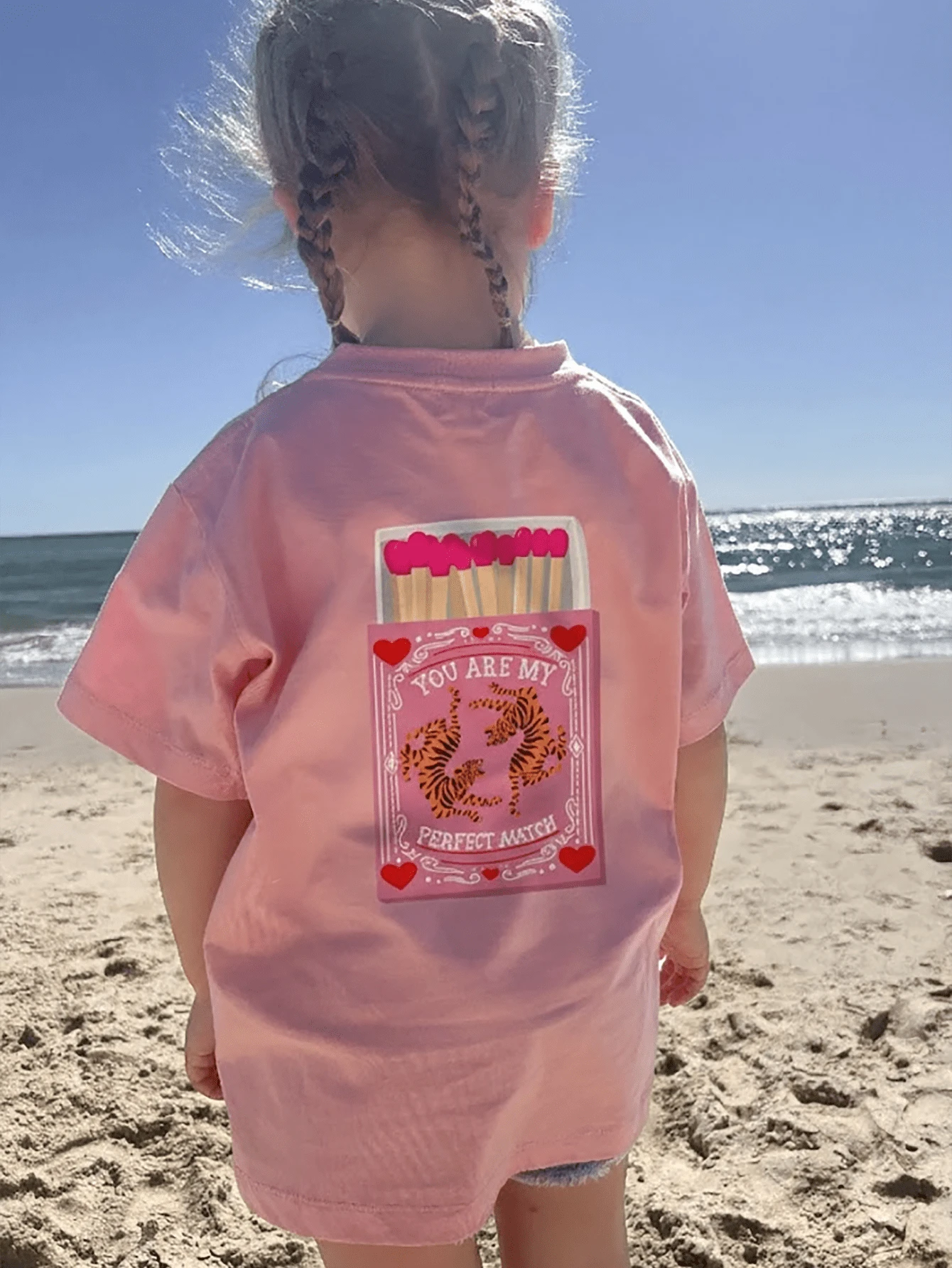 1pc "You Are My Perfect Match" Tiger Graphic Round Neck Casual Summer T-Shirt For Young Girls - Pink - View 1
