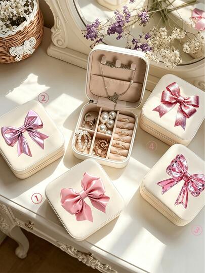 1pc Mini Portable Jewelry Box, Beige Jewelry Storage Box Printed With Delicate Pink Bow Pattern, Jewelry Packaging Gift Box For Necklaces, Earrings, High Capacity Ring & Earring Small Jewelry Box, Compact Travel Box, Suitable As A Thoughtful Gift For Girls, Couples, Sisters, For Vacation, Engagement Ring Box, Back To School, Business Trip, Commute, Mother's Day, Wedding Season, Anniversary, Birthday