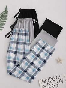[Plaid Print Pajama Pants] 3-Pack Plaid Print Pajama Pants - Comfortable Elastic Waistband With Drawstring, Casual Long Lounge Pants For Home Relaxation - 混合色 - 查看 1