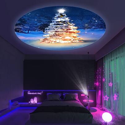 LED装饰投影灯，雪花圣诞树图案，室内氛围灯，USB免安装夜灯，360°旋转可调，圣诞房间装饰，送礼佳品，拍照背景，墙面/天花板均可投射。