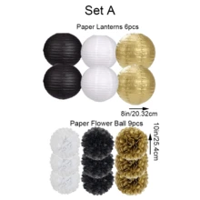 15pcs Black & Gold Party Decorations, Black & Gold Paper Lanterns And Pom Pom Flowers, Suitable For Birthday Party, Graduation Ceremony, New Year Party Decor - Black, Gold and White Lantern Set - View 8