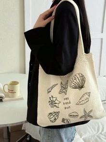 波西米亞風鏤空編織草編大容量海灘托特購物包 時尚鏤空編織草編包 - 杏色 - 查看 9