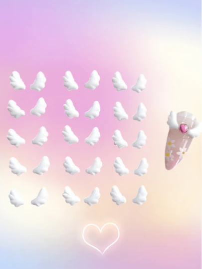 30个白色3D天使翅膀美甲饰品，平底树脂材质，可爱仙气美甲装饰，Y2K复古风，Coquette风格，按压式美甲配件