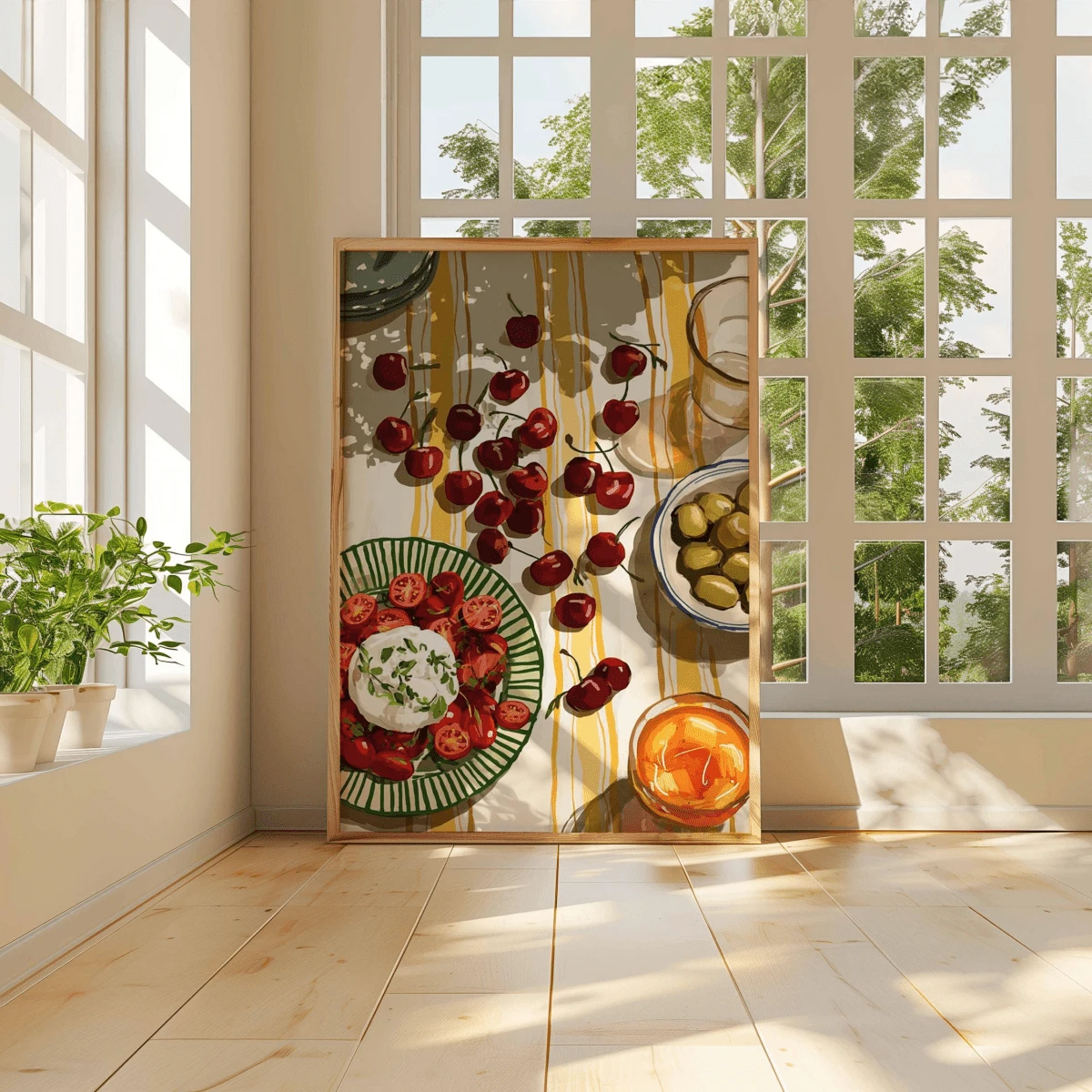 1pc Mediterranean Kitchen Poster, Still Life Food Poster, Colorful Restaurant Decoration Painting, Fruit Salad Illustration, Country Style Wall Decoration (Optional Frame) - A - View 1