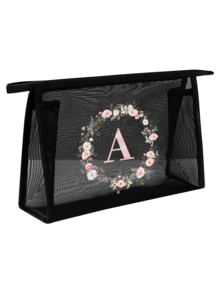 Sac cosmétique en maille noire, sac organisateur de maquillage en maille transparente avec motif floral rose et lettres, sac de voyage multifonctionnel portable, sac organisateur de chargeur, sac organisateur de rouge à lèvres et de soins de la peau, sac organisateur de toilette pour la natation et la maison, sac de toilette de voyage, sac organisateur de maquillage, essentiel pour les vacances à la plage, les fournitures scolaires, les essentiels de voyage, le dortoir universitaire et la salle de bain pour la rentrée scolaire - Multicolore - Voir 20
