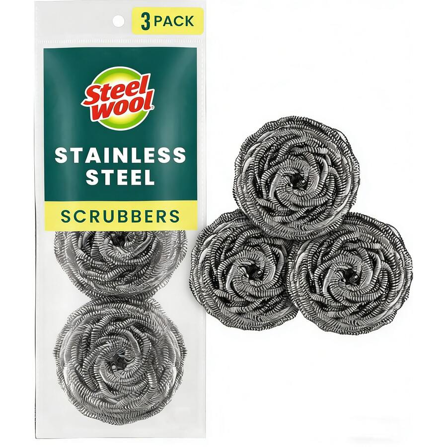 Stainless Steel Scrubbers, Scouring Pads For Cleaning Tough Baked-On Messes, Metal Scrubbers For Cleaning Dishes, Kitchen Essentials Cleaning Supplies Household Items, 3 Scrub Pads - 3 Scrubbers - 查看 1